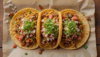 Three tacos with savory filling, arranged on parchment paper. photo