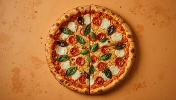 Deliciously arranged pizza with fresh toppings. photo