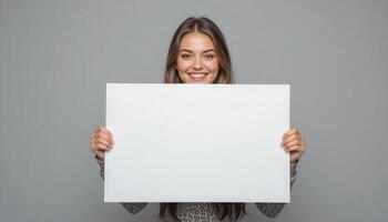 Smiling woman holding a blank poster against a neutral backdrop. photo