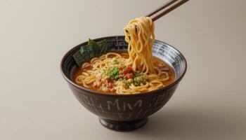 A bowl of ramen noodles being lifted with chopsticks. photo