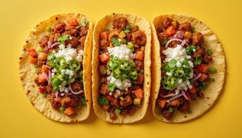 Three tacos, filled, with toppings, on a bright yellow background. photo