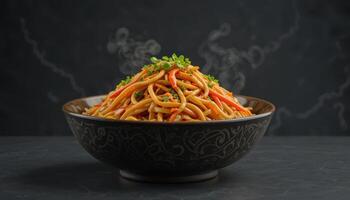 Delicious noodles piled high in a dark bowl. photo