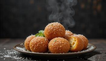 Stack of golden fried food balls on a plate with steam. photo