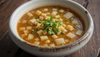 Creamy, hearty soup with diced vegetables in a bowl. photo