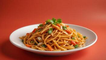 A vibrant plate of savory, mixed stir-fried noodles. photo