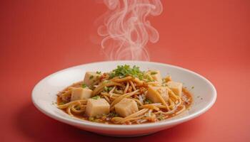 A plate of steaming spaghetti dish with chunks of food. photo