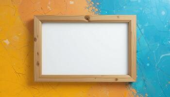 Empty wooden frame on a vibrant orange and teal background. photo