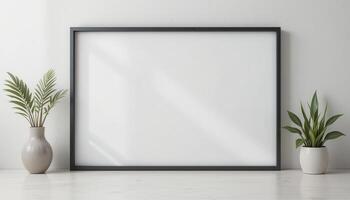 Empty black picture frame on a white surface with plants. photo