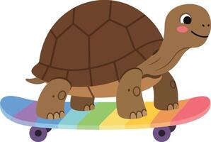 Cute turtle riding colorful skateboard with rainbow pattern illustration in playful style vector