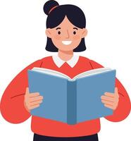 Girl holding open book reading with happy expression in casual red top illustration vector