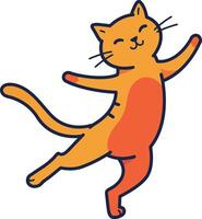 Dancing ginger cat cartoon character in joyful pose with raised paw and closed eyes illustration vector