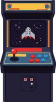 Retro arcade game machine with spaceship pixel art and joystick control panel illustration vector