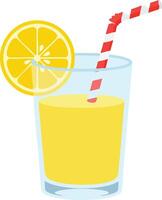 Glass of fresh lemon juice with striped straw and lemon slice illustration for summer refreshment drink design vector