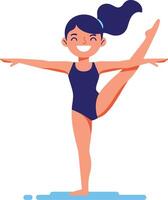 Young girl practicing gymnastics balance pose in navy leotard with ponytail smiling happily illustration vector