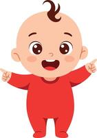 Cute happy baby in red onesie smiling and pointing with both hands illustration vector