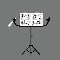 Music sheet on stand with animated hands conducting orchestra with baton in grey background illustration vector