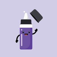 Purple cartoon glue bottle with open cap and happy face illustration on light violet background vector