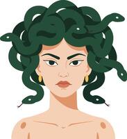 Medusa mythological figure with snake hair illustration in neutral expression and gold earrings design vector