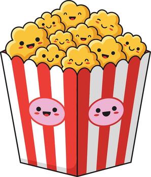 Cute popcorn box with smiling popcorn kernels in red and white striped container vector