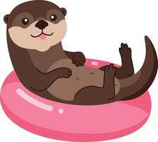 Otter Relaxing on Pink Inflatable Ring Illustration with Playful Expression and Cute Style vector