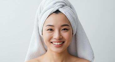 A woman is smiling while wearing a towel photo