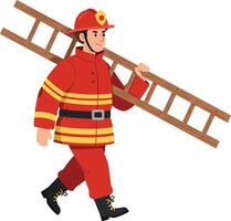 Firefighter carrying ladder in red uniform walking with helmet and boots illustration vector