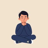 Thoughtful young man sitting cross-legged in meditation pose with calm expression illustration vector