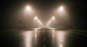 A street is empty at night with street lights photo