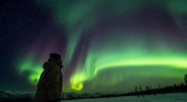 A person standing in front of a green aurora bore photo