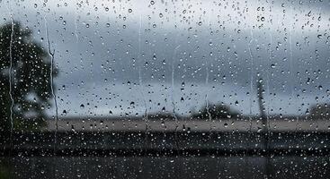 A view of a rainy window with a tree in the background photo