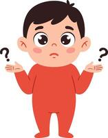 Confused toddler boy in red onesie shrugging with question marks illustration of young child uncertainty and curiosity vector