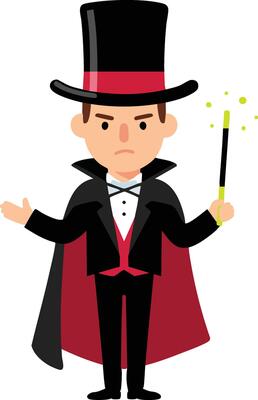 Magician wearing black top hat and cape holding magic wand performing magic illustration