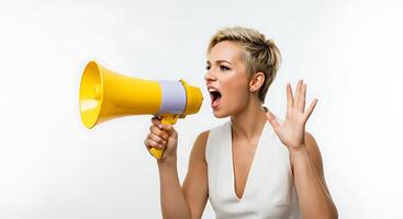 A woman is shouting into a megaphone photo