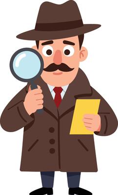 Detective with magnifying glass and notebook investigating in brown coat and hat illustration