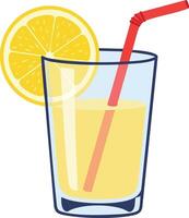 Glass of yellow lemonade with lemon slice and red straw refreshing summer drink illustration vector