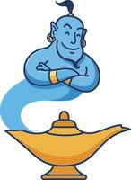 Blue genie coming out of golden magic lamp illustration with playful expression and crossed arms vector