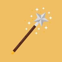 Magic wand with silver star and sparkling effects on orange background flat illustration vector