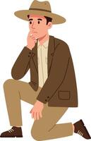 Man in brown jacket and hat kneeling in thoughtful pose illustration vector