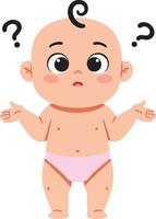 Cute confused baby with pink diaper and question marks expressing curiosity and innocence in illustration vector