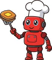 Red robot chef holding a spatula with pancake and butter in cartoon style illustration vector