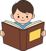 Boy Reading Large Book with Brown Cover and Yellow Label Illustration of Child Learning and Enjoying Storytime Activity vector