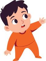 Cute toddler boy in orange outfit looking and pointing illustration with playful expression and dark hair vector
