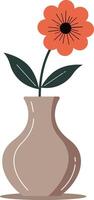 Single orange flower with green leaves in brown vase simple illustration for home decor and design ideas vector