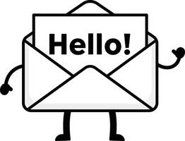 Envelope with smiling arms and legs holding a card with hello message illustration simple black and white design vector