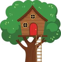 Treehouse with red door and wooden ladder surrounded by green leaves in playful cartoon style illustration vector