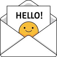 Envelope with smiling emoji and hello message illustration for friendly communication design vector