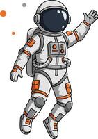 Astronaut floating in space suit with orange details and helmet visor waving hand illustration vector