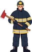 Firefighter in full protective uniform holding axe illustration of emergency rescue worker vector