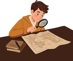 Boy examining world map with magnifying glass for exploration and learning illustration vector