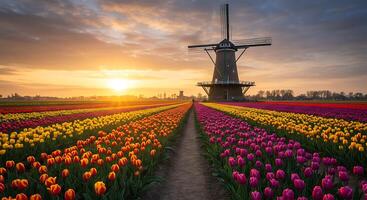 A windmill is in the foreground of a field of tulips photo